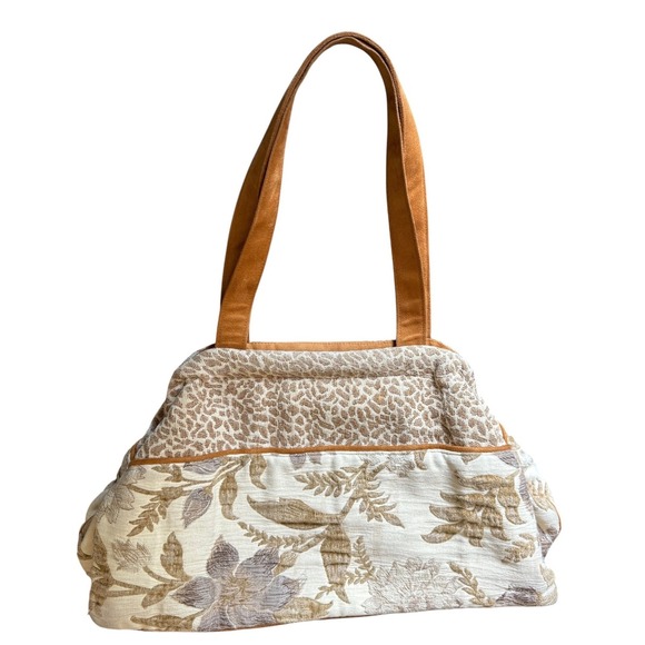 Atenti Handbags - Atenti USA Made Tapestry Tote Bag Floral Animal Print Brown Tan Faux Suede Trim